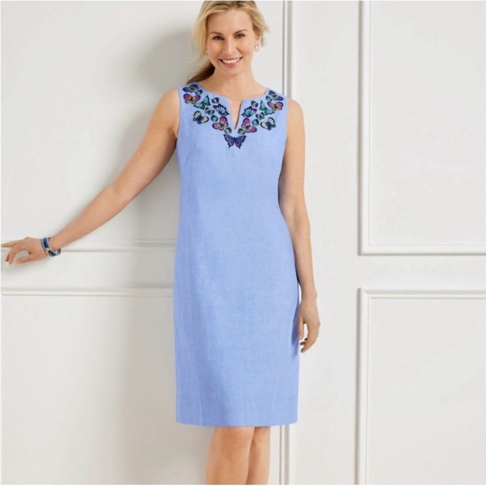 Linen Embroidered Butterfly Shift dress Chambray Size 12 Travel Resort wear
